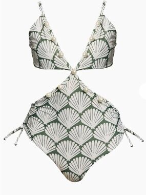 Green Shell-Print Cutout One-Piece Swimsuit with Pearl Accents + Matching Pants